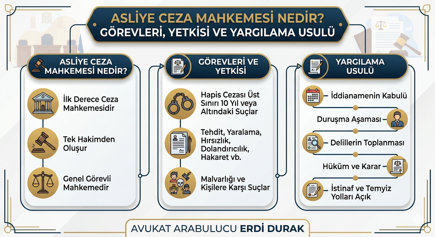 Asliye Ceza Mahkemesi nedir, görevleri, yetkisi ve yargılama usulünü anlatan; hapis cezası üst sınırı 10 yıl olan suçları ve istinaf/temyiz yollarını içeren, Avukat Arabulucu Erdi Durak imzalı modern infografik.