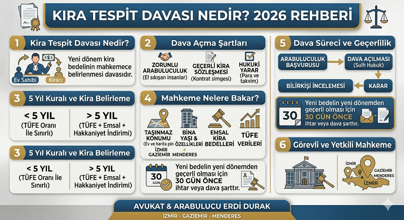 Kira tespit davası şartları, 5 yıl kuralı ve mahkeme süreci infografiği - İzmir Gaziemir Menderes Avukatı Erdi Durak