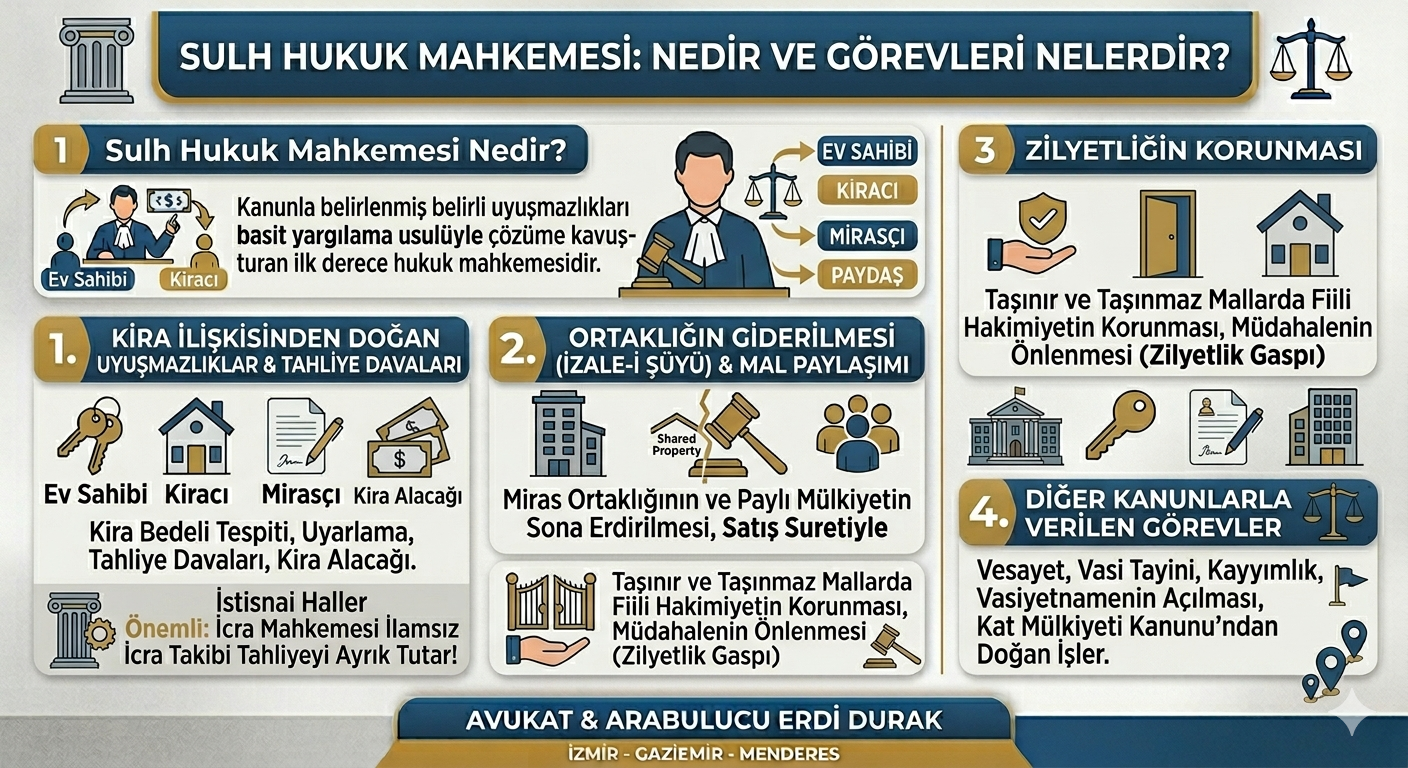 Sulh hukuk mahkemesi nedir, görevleri ve dava türleri rehber infografiği - İzmir Gaziemir Menderes Avukatı Erdi Durak