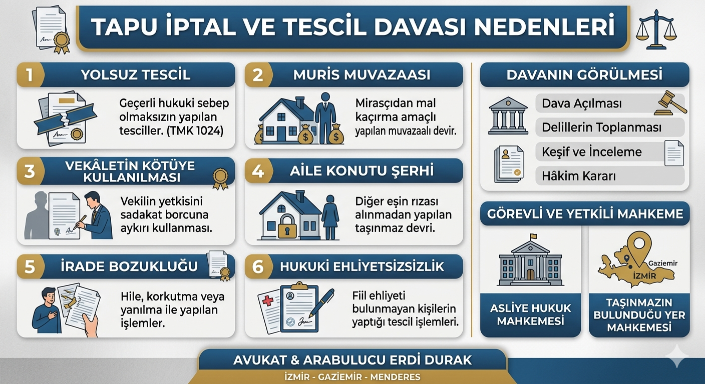 apu iptal ve tescil davası nedenleri, yolsuz tescil ve muris muvazaası infografiği - İzmir, Gaziemir, Menderes Avukatı Erdi Durak