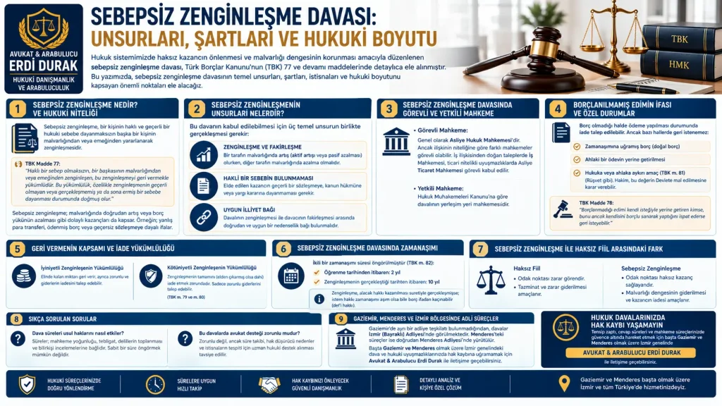 Sebepsiz zenginleşme davası nedir ve TBK 77 maddesi şartları rehberi görseli