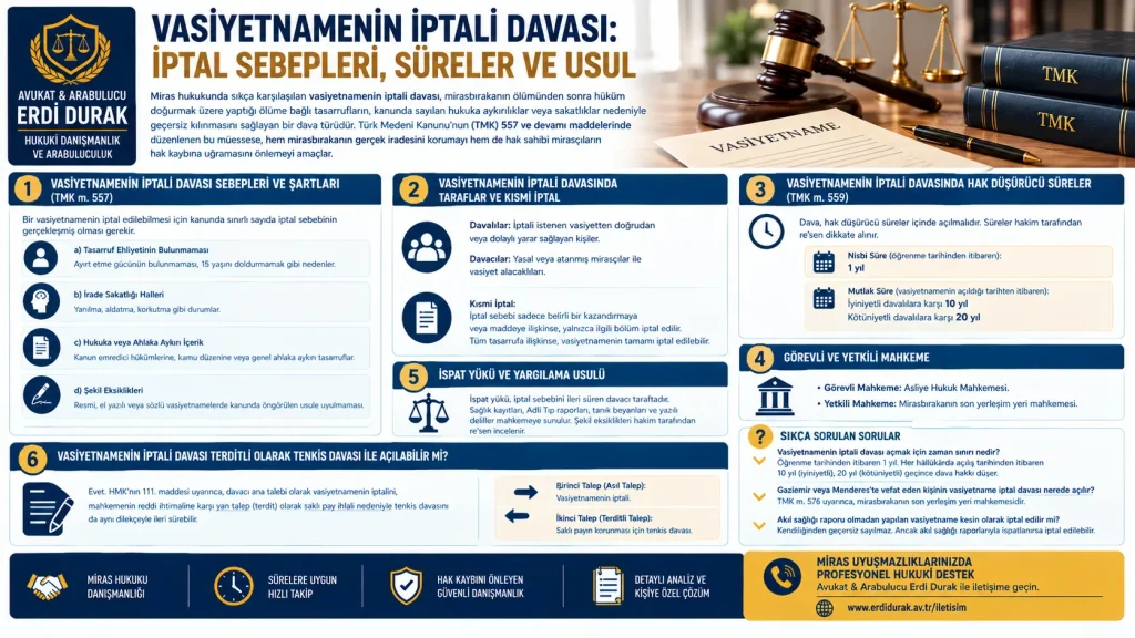Vasiyetnamenin iptali davası şartları ve TMK 557 iptal sebepleri rehberi görseli